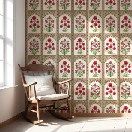 'Envy' Vintage Ethnic Floral Block Print Wallpaper (Red/ Pink/ Green) - Image 5