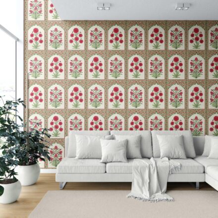 'Envy' Vintage Ethnic Floral Block Print Wallpaper (Red/ Pink/ Green) - Image 6