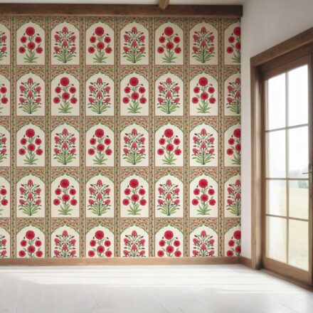 'Envy' Vintage Ethnic Floral Block Print Wallpaper (Red/ Pink/ Green) - Image 7