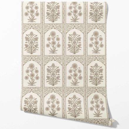 'Senecio' Neutral Vintage Ethnic Floral Block Print Wallpaper (Beige/ Taupe/ Cream) - Image 2