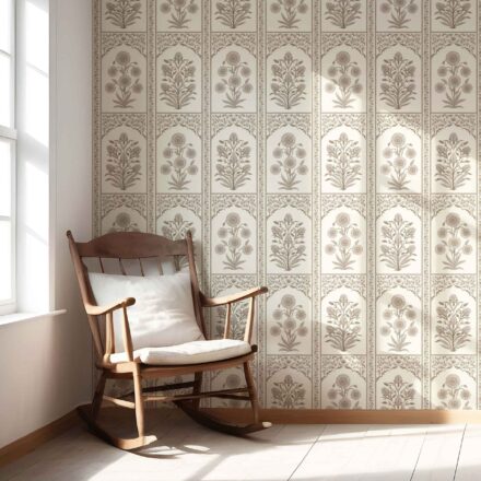 'Senecio' Neutral Vintage Ethnic Floral Block Print Wallpaper (Beige/ Taupe/ Cream) - Image 5