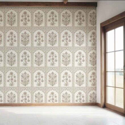 'Senecio' Neutral Vintage Ethnic Floral Block Print Wallpaper (Beige/ Taupe/ Cream) - Image 7