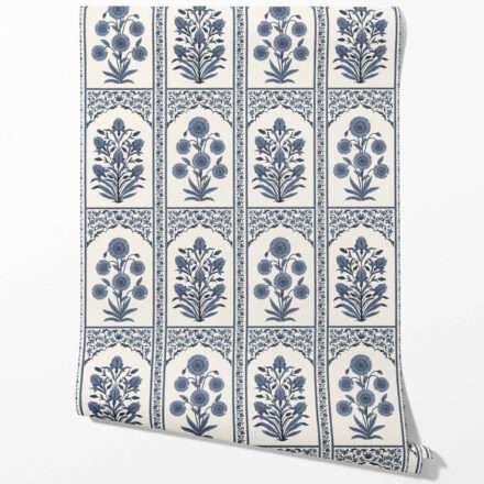 'Ferentino' Vintage Ethnic Floral Block Print Wallpaper (Navy Blue/ Cream) - Image 2
