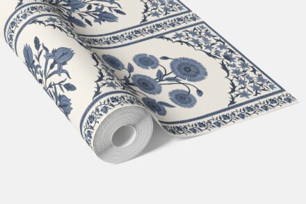 'Ferentino' Vintage Ethnic Floral Block Print Wallpaper (Navy Blue/ Cream) - Image 3