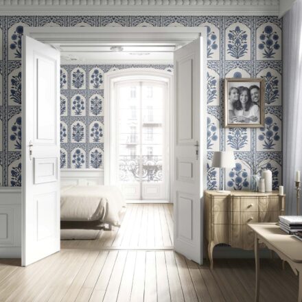 'Ferentino' Vintage Ethnic Floral Block Print Wallpaper (Navy Blue/ Cream) - Image 4