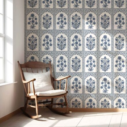 'Ferentino' Vintage Ethnic Floral Block Print Wallpaper (Navy Blue/ Cream) - Image 5