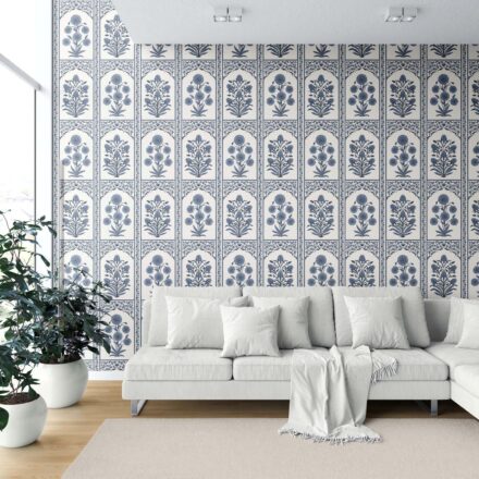 'Ferentino' Vintage Ethnic Floral Block Print Wallpaper (Navy Blue/ Cream) - Image 6