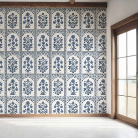 'Ferentino' Vintage Ethnic Floral Block Print Wallpaper (Navy Blue/ Cream) - Image 7