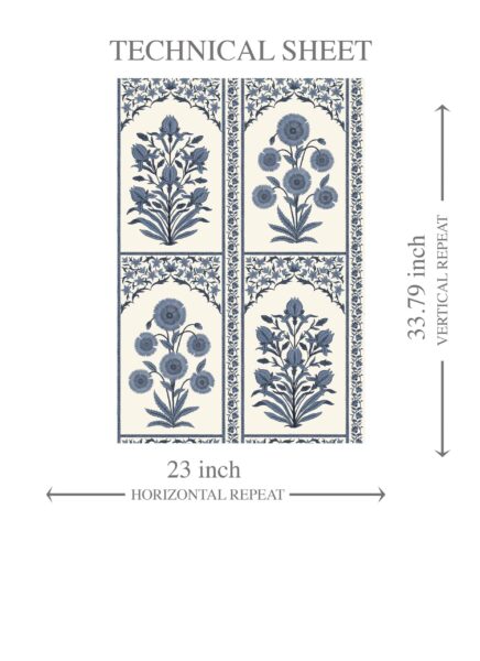 'Ferentino' Vintage Ethnic Floral Block Print Wallpaper (Navy Blue/ Cream) - Image 8