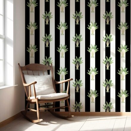 'Echota' Geometric Floral Striped Wallpaper (Black/ White/ Green) - Image 5
