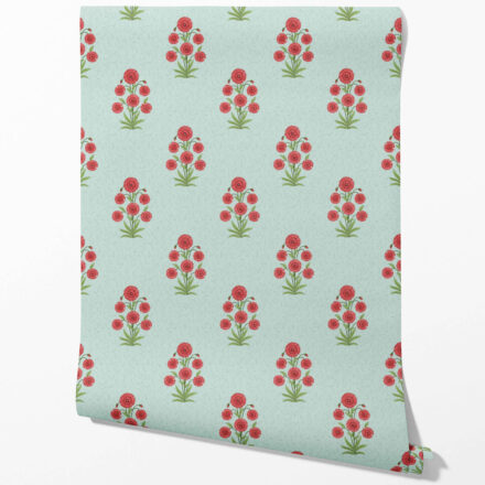 'Gibbon' Botanical Floral Block Print Wallpaper (Blue/ Red-Pink/ Green) - Image 2