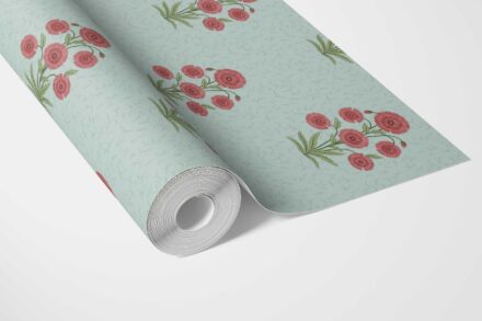 'Gibbon' Botanical Floral Block Print Wallpaper (Blue/ Red-Pink/ Green) - Image 3