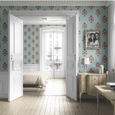 'Gibbon' Botanical Floral Block Print Wallpaper (Blue/ Red-Pink/ Green) - Image 4