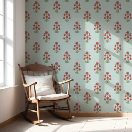 'Gibbon' Botanical Floral Block Print Wallpaper (Blue/ Red-Pink/ Green) - Image 5
