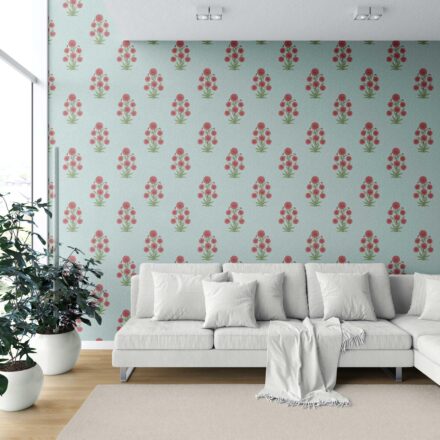 'Gibbon' Botanical Floral Block Print Wallpaper (Blue/ Red-Pink/ Green) - Image 6