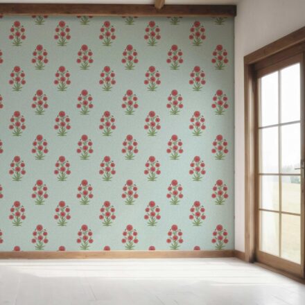 'Gibbon' Botanical Floral Block Print Wallpaper (Blue/ Red-Pink/ Green) - Image 7