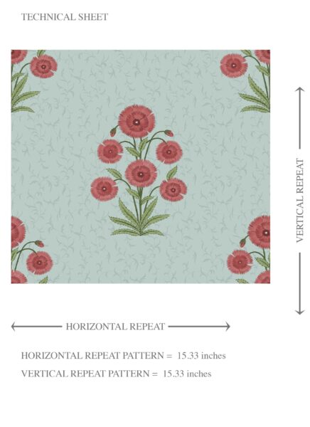 'Gibbon' Botanical Floral Block Print Wallpaper (Blue/ Red-Pink/ Green) - Image 8