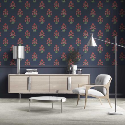 'Genet' Botanical Floral Block Print Wallpaper (Navy Blue/ Red/ Green)