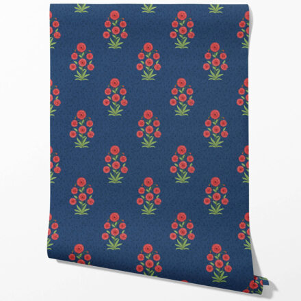 'Genet' Botanical Floral Block Print Wallpaper (Navy Blue/ Red/ Green) - Image 2