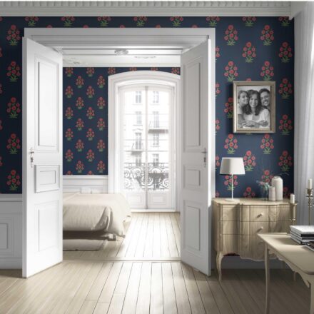 'Genet' Botanical Floral Block Print Wallpaper (Navy Blue/ Red/ Green) - Image 4