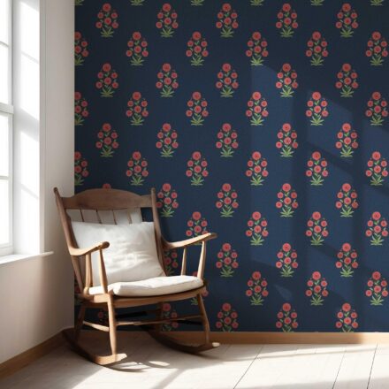 'Genet' Botanical Floral Block Print Wallpaper (Navy Blue/ Red/ Green) - Image 5