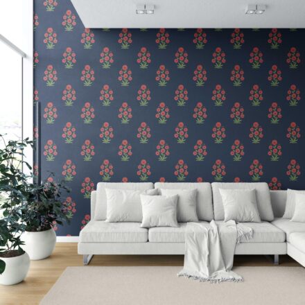 'Genet' Botanical Floral Block Print Wallpaper (Navy Blue/ Red/ Green) - Image 6