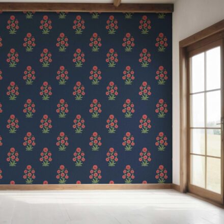 'Genet' Botanical Floral Block Print Wallpaper (Navy Blue/ Red/ Green) - Image 7