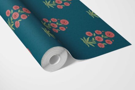 'Kirosi' Botanical Floral Block Print Wallpaper (Teal Blue/ Red-Pink/ Green) - Image 3