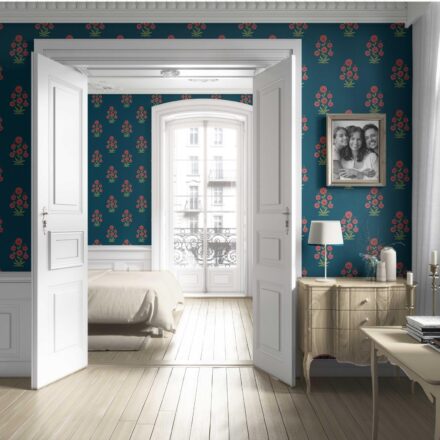 'Kirosi' Botanical Floral Block Print Wallpaper (Teal Blue/ Red-Pink/ Green) - Image 4