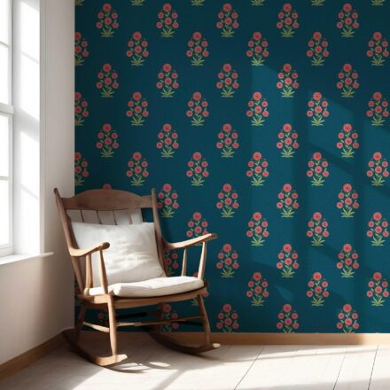 'Kirosi' Botanical Floral Block Print Wallpaper (Teal Blue/ Red-Pink/ Green) - Image 5