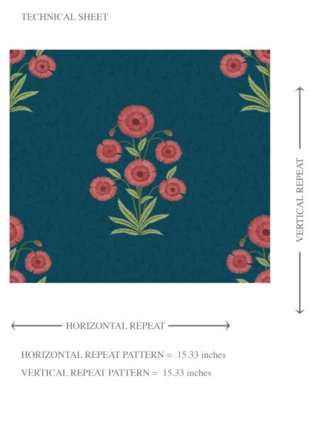 'Kirosi' Botanical Floral Block Print Wallpaper (Teal Blue/ Red-Pink/ Green) - Image 8