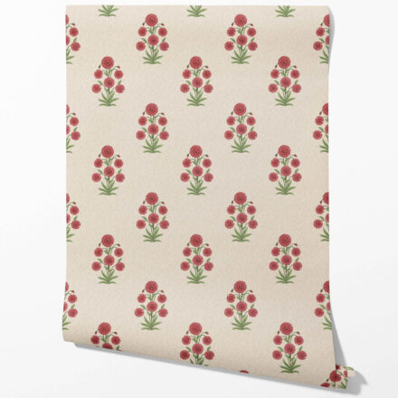 'Africa Coast' Botanical Floral Block Print Wallpaper (Red/ Beige/ Green) - Image 2