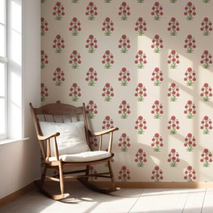 'Africa Coast' Botanical Floral Block Print Wallpaper (Red/ Beige/ Green) - Image 5