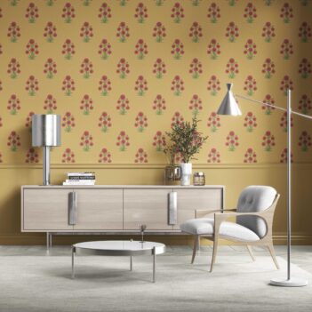 'Madhuvan' Botanical Floral Block Print Wallpaper (Yellow/ Red-Pink/ Green)
