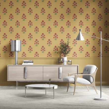 'Madhuvan' Botanical Floral Block Print Wallpaper (Yellow/ Red-Pink/ Green)