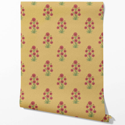 'Madhuvan' Botanical Floral Block Print Wallpaper (Yellow/ Red-Pink/ Green) - Image 2