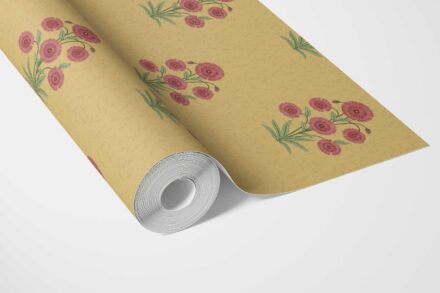 'Madhuvan' Botanical Floral Block Print Wallpaper (Yellow/ Red-Pink/ Green) - Image 3