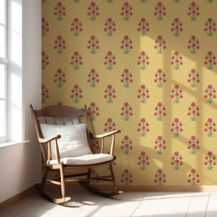 'Madhuvan' Botanical Floral Block Print Wallpaper (Yellow/ Red-Pink/ Green) - Image 5