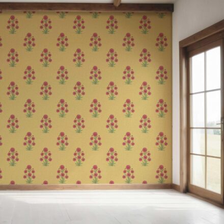 'Madhuvan' Botanical Floral Block Print Wallpaper (Yellow/ Red-Pink/ Green) - Image 7