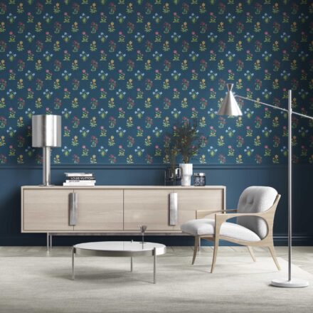 'Primavera' Vintage-Inspired Floral Block Print Wallpaper (Teal Blue/ Red/ Pink/ Yellow/ Green) - Image 2