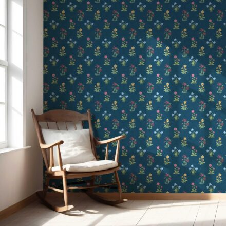 'Primavera' Vintage-Inspired Floral Block Print Wallpaper (Teal Blue/ Red/ Pink/ Yellow/ Green) - Image 5