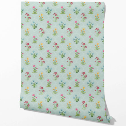 'Pissarro' Vintage-Inspired Floral Block Print Wallpaper (Duck Egg Blue/ Pink/ Red/ Yellow/ Green)