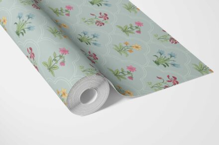 'Pissarro' Vintage-Inspired Floral Block Print Wallpaper (Duck Egg Blue/ Pink/ Red/ Yellow/ Green) - Image 3
