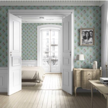 'Pissarro' Vintage-Inspired Floral Block Print Wallpaper (Duck Egg Blue/ Pink/ Red/ Yellow/ Green) - Image 4