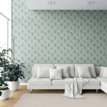 'Pissarro' Vintage-Inspired Floral Block Print Wallpaper (Duck Egg Blue/ Pink/ Red/ Yellow/ Green) - Image 6