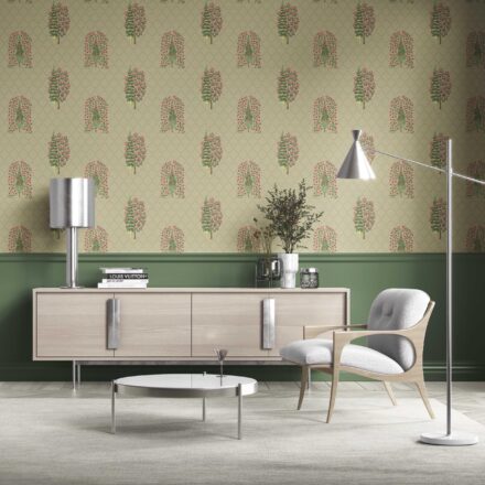 'Evening Sky' Botanical/ Floral Print Wallpaper (Olive Green/ Pink)