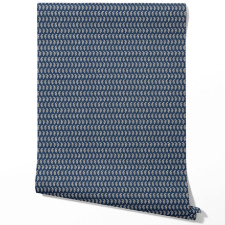 'Kalem' Small Paisley Floral Patterned Print Wallpaper (Navy Blue/ White)