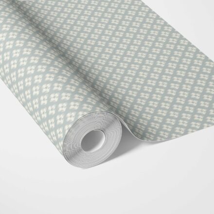 'Folkloric' Small Geometric Ikat-Style Floral Block Print Wallpaper (Duck Egg Blue/ White)