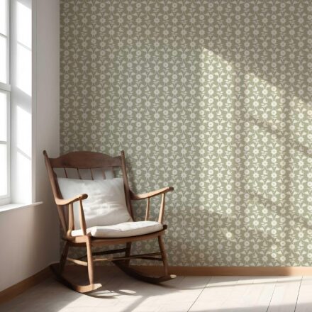 'Bergamot' Modern Floral Botanical Wallpaper (Khaki Green/ White) - Image 5
