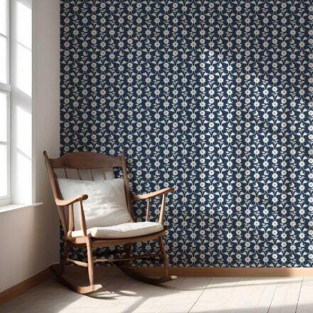 'Peeping Pearl' Modern Floral Botanical Wallpaper (Navy Blue/ White) - Image 5